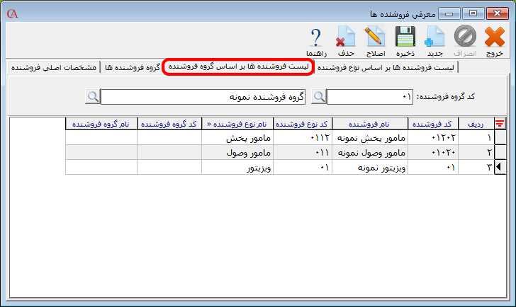 لیست فروشنده ها بر اساس گروه فروشنده در حسابگر
