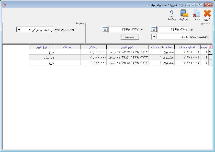 جزییات تغییرات سند برای پیامک