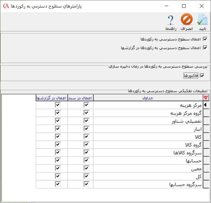پارامترهاي سطوح دسترسي به رکوردها در حسابگر